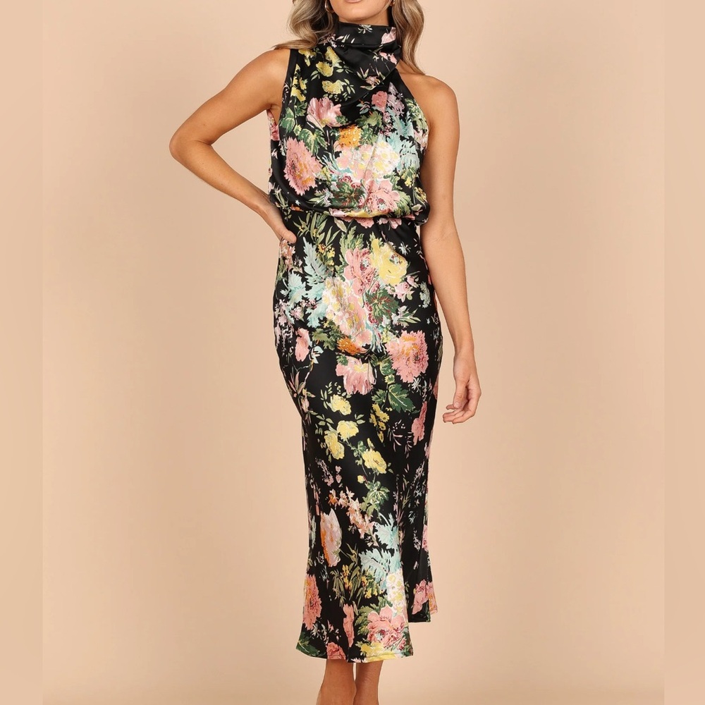 Petal + Pup Anabelle Halter Neck Midi Dress Black Floral